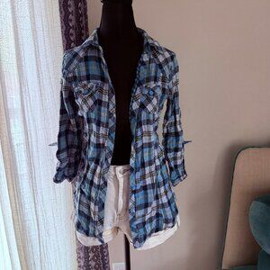 Derek Heart Light Blue and Navy Button Down Flannel Top Medium
